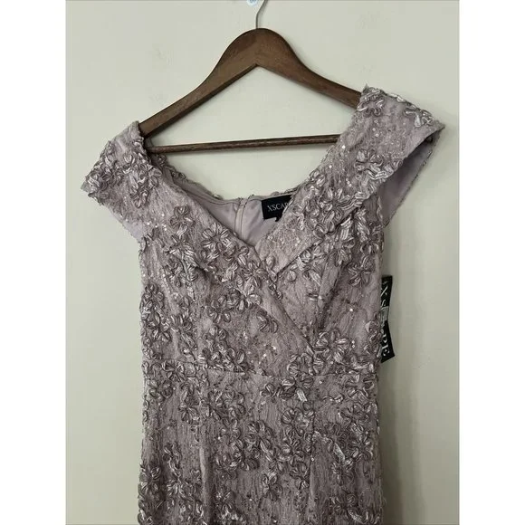 Xscape Womens Sz 4 Taupe Off the Shoulder Embroidered Lace Long Gown Dress - Picture 8 of 14